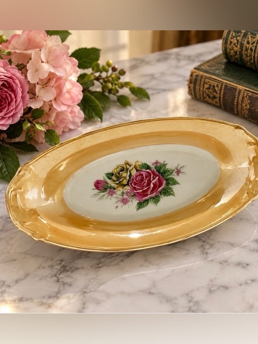 Vintage Porcelain Oval Vanity Tray 8.75" Rose Floral Peach Gold Luster Trinket